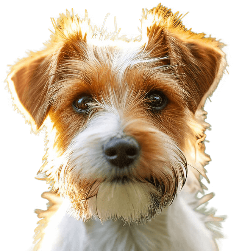 Close-up of a small dog with brown and white fur, looking directly at the camera. The background is plain and the dog’s fur is softly illuminated, giving it a glowing outline.